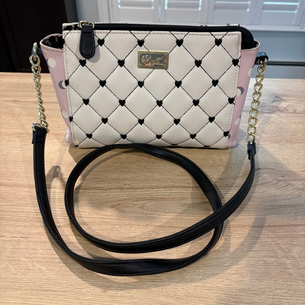 Luv Betsey by Betsey Johnson Quilted Heart Crossbody Bag Pink White Polka Dot